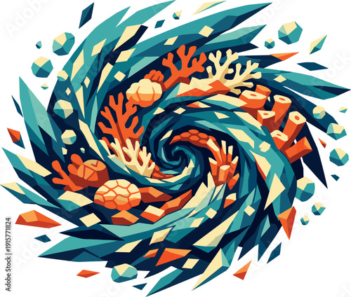 Low-poly vector illustration of a coral reef swirl escalating, coral structures and reef elements pulled into a stronger circular