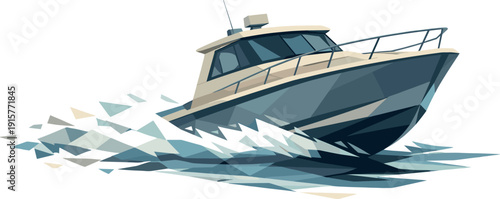 Low-poly vector illustration of a boat stabilizing after the wave slam, hull leveling with confident angular posture and forward