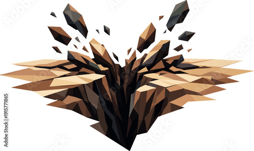 Low-poly vector illustration of an earthquake crack split as a direct hero depiction, jagged ground surface constructed from