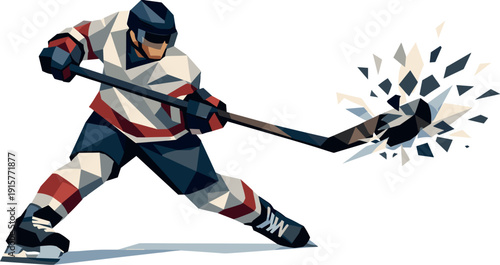 Low-poly vector illustration of a hockey player unleashing a slapshot blast at full force, full-body athlete with sharply faceted