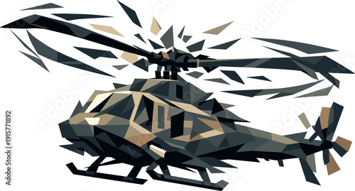 Low-poly vector illustration of a helicopter at peak rotor tension, fuselage vibrating visually through angular distortion while