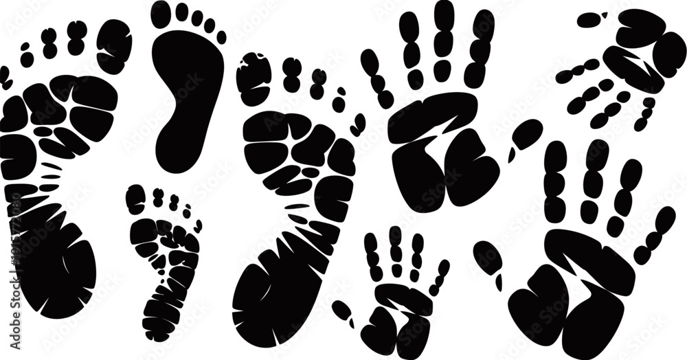 Fototapeta premium black handprints and footprints silhouette set, isolated ink stamp shapes featuring baby hands and adult feet, grunge texture pattern for creative design elements and background use.
