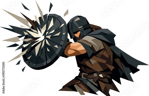 Low-poly vector illustration of a warrior absorbing peak force during the shield block, body twisted slightly with visible