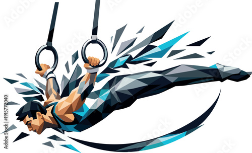 Low-poly vector illustration of a gymnast breaking through the swing with perfect form, powerful angular alignment and smooth arc
