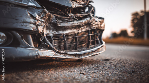 Front end of a badly damaged car after a collision with a crushed bumper and distorted grille on an asphalt road during sunset hours