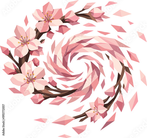 Low-poly vector illustration of a cherry blossom swirl as a direct hero depiction, elegant cherry blossom petals constructed from