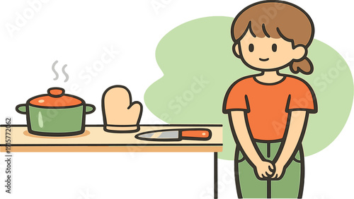 Gentle child learns kitchen safety near a counter, arms held close, observing tools from a safe space. | kitchen safety, learning