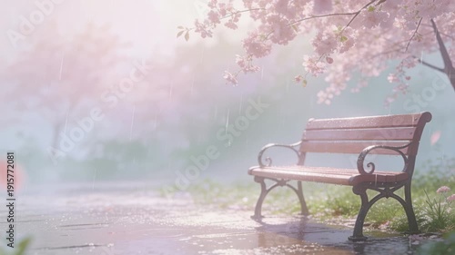 Soft pastel rain mist drifting slowly in layered motion, gentle atmospheric diffusion and calm spring ambience, clean minimal movement.