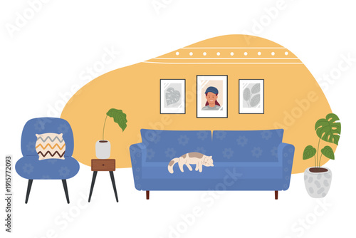 Cozy retro style interior, soft furniture, houseplants, paintings on walls. Cat sleeps comfortably on sofa. Vector illustration.