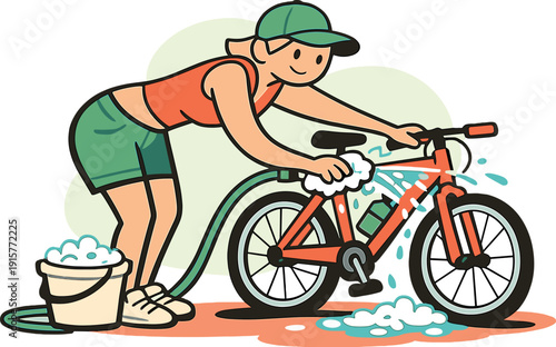 Sunny person washes a bicycle outdoors, body leaning as water splashes lightly and wheels rest still on ground | washing bicycle