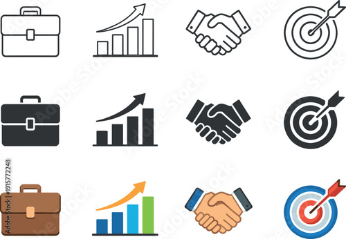 Briefcase for work, chart for performance, handshake for agreement, and target for goals. Display on a strict 3:2 canvas with