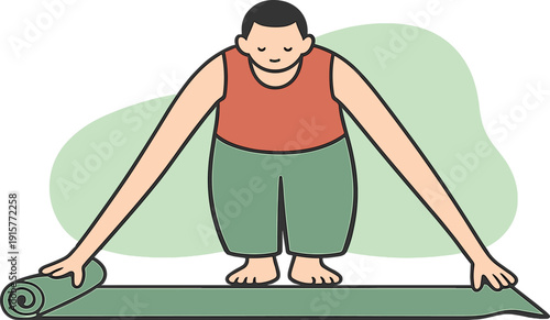 Light person unrolls a yoga mat on the floor, edges flattening, bare feet aligned, calm space opening ahead slowly and softly now