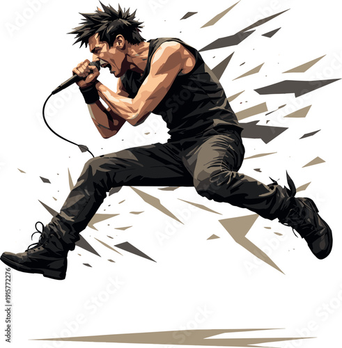 Low-poly vector illustration of a singer at peak height during the stage jump, body suspended with visible angular strain through