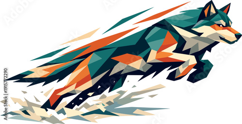 Wolf's Dynamic Sprint. Low-poly vector illustration of a wolf launching into a run over snow, explosive forward motion with