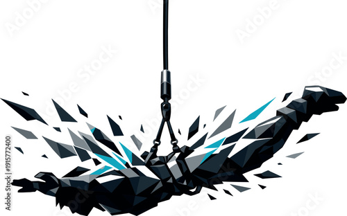 Low-poly vector illustration of a bungee jumper breaking through into full cord stretch, elastic line fully extended as bold