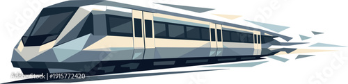 Low-poly vector illustration of a metro train sustaining smooth high-speed motion, streamlined angular posture with stabilized