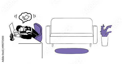 Fatigue at work. Young man tired of reports and paperwork sleeps right at workplace in office. Doodle illustration of office.