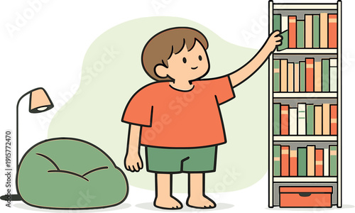 Sunny child browses a tall rack choosing books at home, spines lined neatly, beanbag chair nearby, reading lamp soft today inside