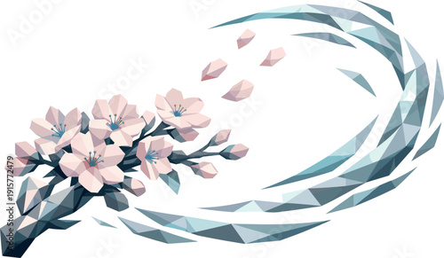 Low-poly vector illustration of a cherry blossom swirl in the setup phase, faceted branch segment with clustered blossoms