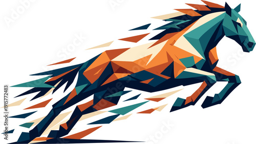 Low-poly vector illustration of a horse launching into a gallop, explosive forward thrust with elongated angular body and
