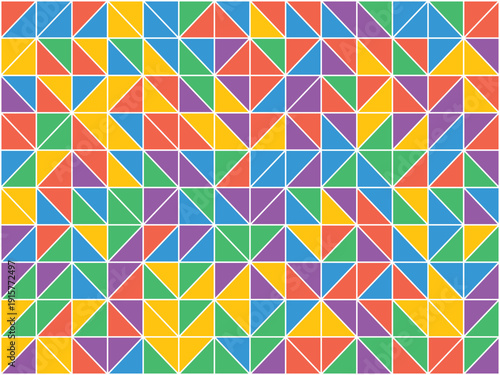 Vibrant geometric pattern composed of colorful triangles creating a playful, abstract design.