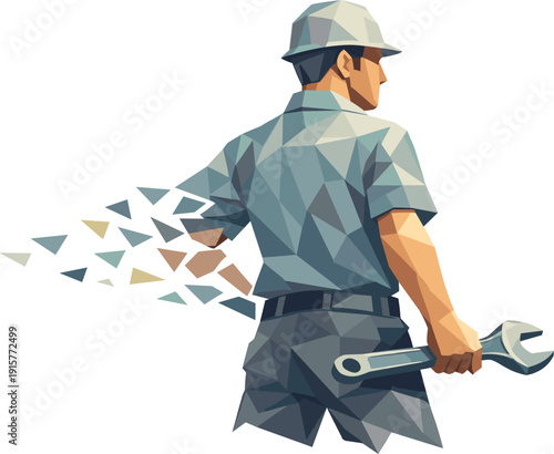 Engineer in Motion. Low-poly vector illustration of an engineer finishing the wrench swing in controlled follow-through, wrench