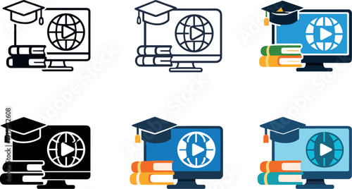 Digital learning concept icon depicting a computer display paired with academic elements that represent online education and