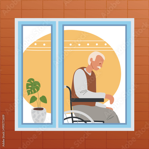 Lonely old man in his apartment sits by window in wheelchair. Lonely old age, abandoned elderly. Vector illustration.