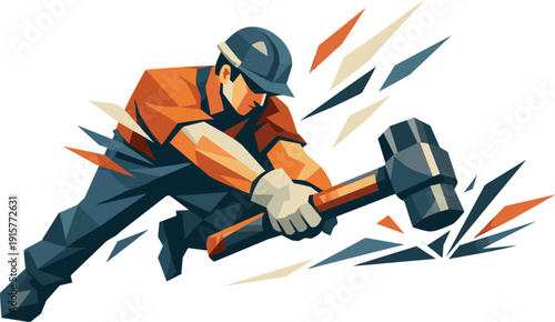 Low-poly vector illustration of a builder accelerating into a hammer strike, dynamic diagonal composition with the hammer slicing