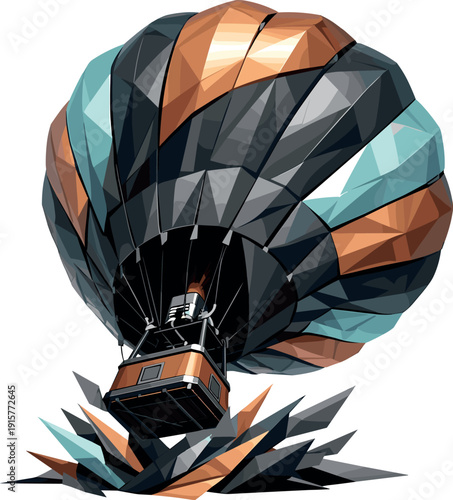 Low-poly vector illustration of a hot air balloon preparing to lift off, balloon envelope partially inflated with angular