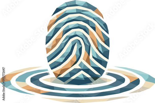 Low-poly vector illustration of a completed fingerprint scan pulse representing the future state, fingerprint fully stable and