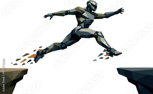 Low-poly vector illustration of an android leaping between platforms, single humanoid android with sharply faceted mechanical