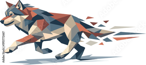 Low-poly vector illustration of a wolf sustaining its run across the snowy landscape, controlled angular motion with steady