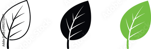 Sustainable mindset visualized as a simple leaf emblem with smooth veins and rounded tip, identical silhouette repeated three