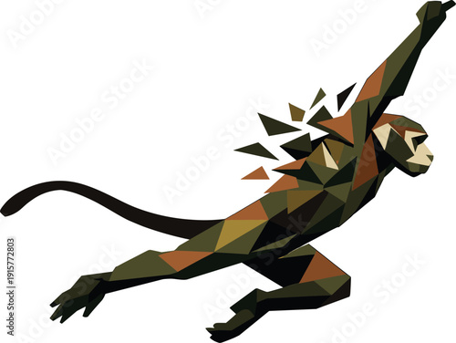 Low-poly vector illustration of a monkey mid-swing under peak tension, extreme angular silhouette stretched between release and