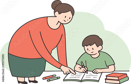 Quiet teacher leans beside a student, pointing at homework pages on a desk while pencils and books rest nearby quietly together
