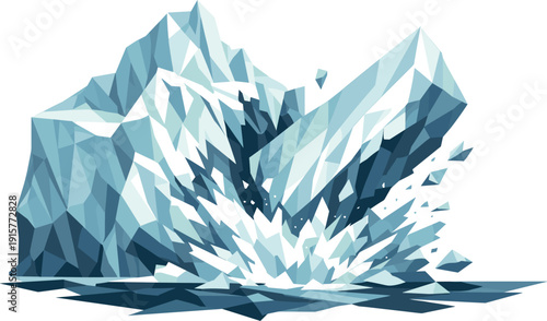 Low-poly vector illustration of an iceberg calving break as a direct hero depiction, massive iceberg formed from sharp triangular
