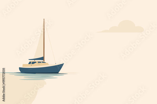 Boat silhouette object st and ing in acle ansidepr ofile withsimplifiedhull and gentlebow curve positi oned in the left third ona