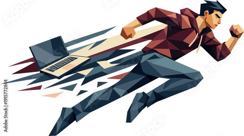 Low-poly vector illustration of a coder accelerating into a deadline sprint, dynamic diagonal composition with long angular
