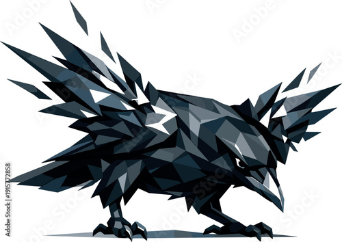 Low-poly vector illustration of a crow preparing for a wing flare, perched stance transitioning into expansion, angular body