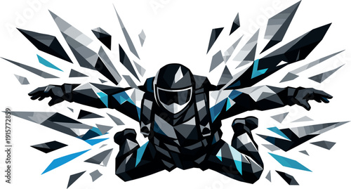 Low-poly vector illustration of a skydiver breaking through the spin into controlled orientation, bold angular silhouette