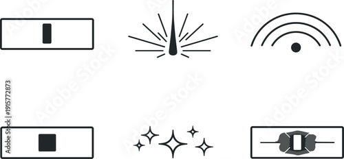 Line vector icons of digital clock showing only “now” (instant-read device): clock rectangle, single highlight cell, moment beam,
