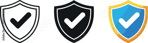 Risk balance symbolized by a sturdy shield embracing a clear checkmark at its center, identical silhouette repeated horizontally