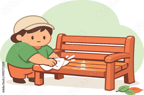 Small person wipes a garden bench with a cloth, removing dust as wood slats shine and leaves rest nearby quietly at dusk outside!
