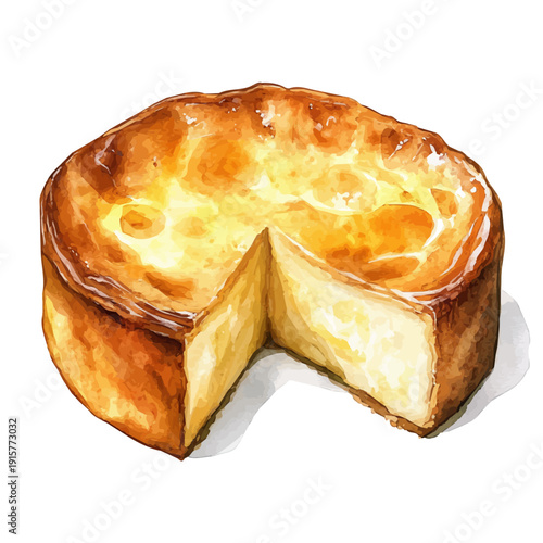 Basque Cheesecake A Beautifully Detailed, watercolor illustration featuring playful movement and lively expressions, isolated on a white background.