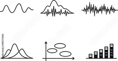 Line style icons of voice feature extraction: pitch contour, amplitude envelope, jitter-shimmer pattern, spectral band shape,