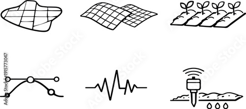 Digital Farmland Mirror. Line vector icons of a farmland controlled through its precise digital replica (farm-digital mirroring):