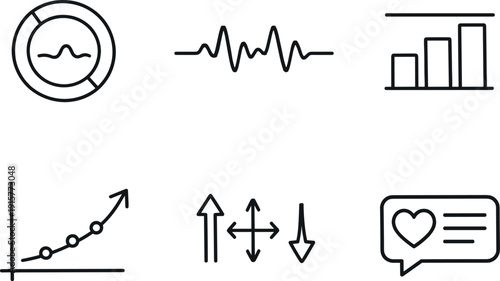 Line style icons of monitoring and feedback: breathing tracker ring, pattern stability line, consistency bar, progress curve,