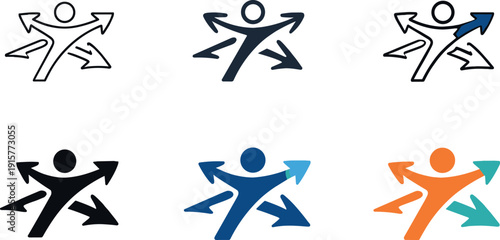 Freedom and mobility symbol presenting an abstract figure moving outward with arrows or flowing paths radiating in multiple