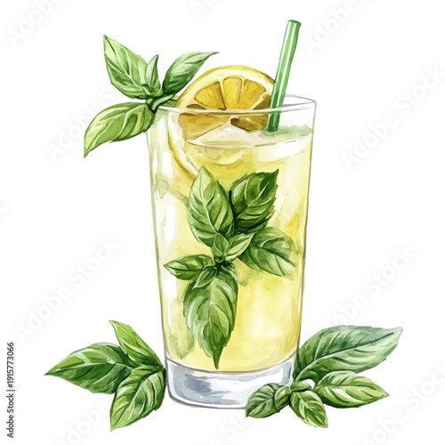 Basil Lemonade A Beautifully Detailed, watercolor clipart showcasing whimsical details and harmonious color flow, isolated on a white background.